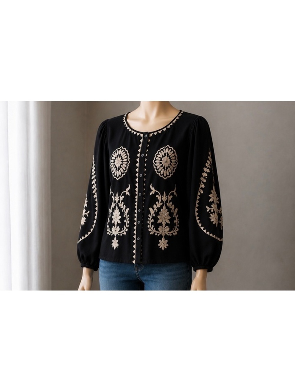 Solitaire Black Embroidered Linen Blend Boho Button Front Blouse Top Size L